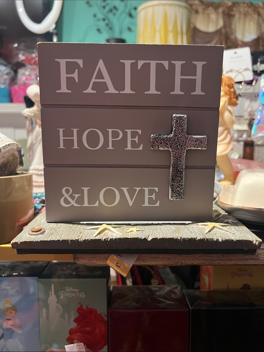 Faith Hope & Love Decorative Block Sign with Cross - Taupe